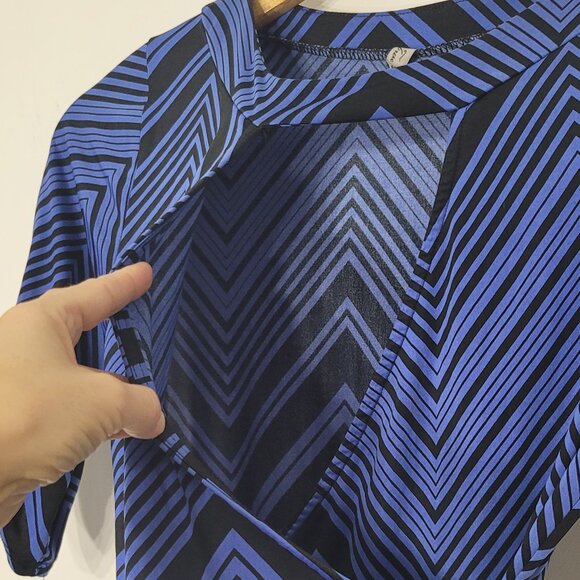 Women's Blue Black Chevron Pattern Short Sleeves Faux Wrap Mini Dress Tunic Top - Picture 3 of 11